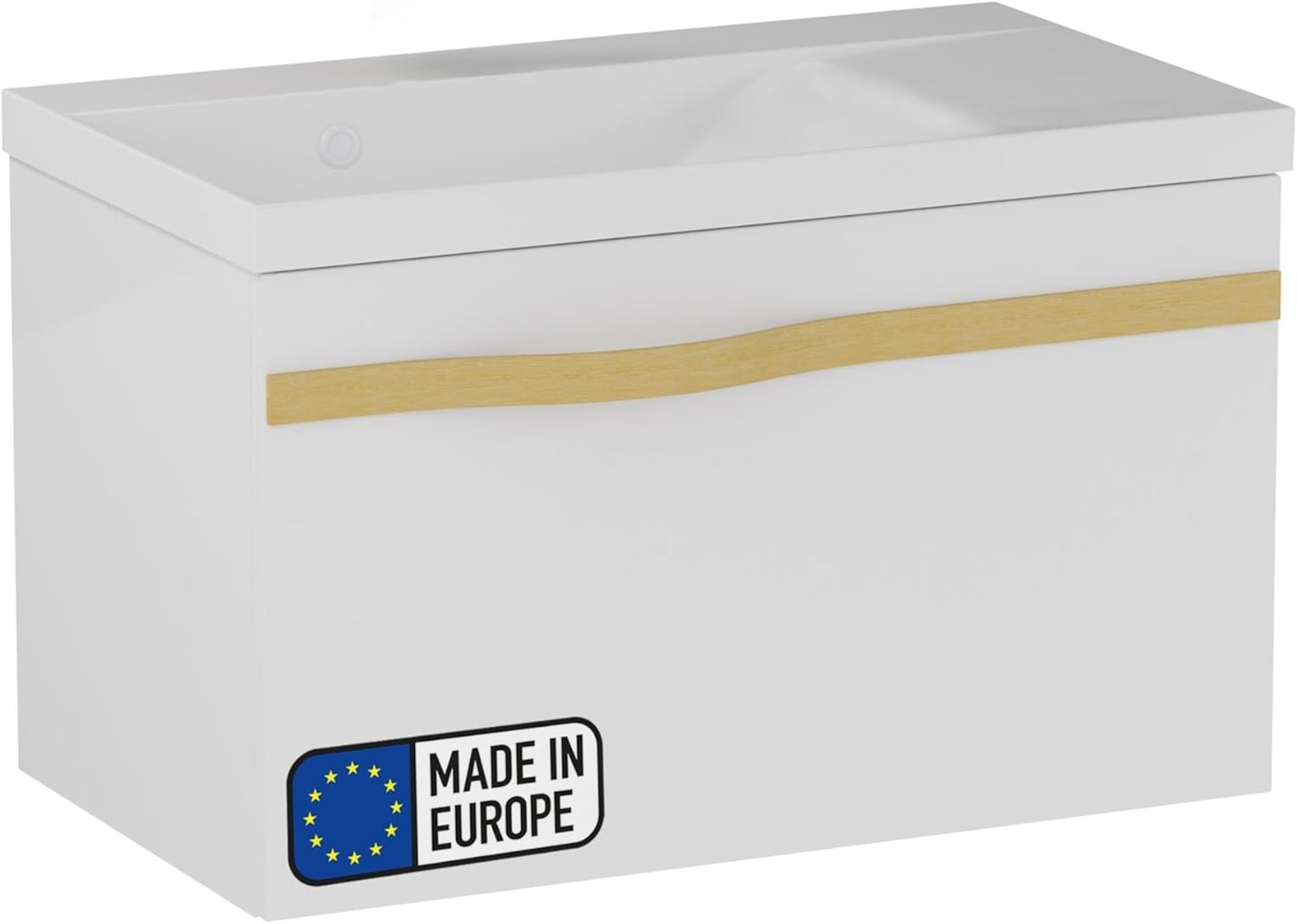 BADEDU FILS Waschbecken mit Unterschrank 69 cm breit, Weiß, Waschbecken Gussmarmor Weiß, Griff Gold Bild 1