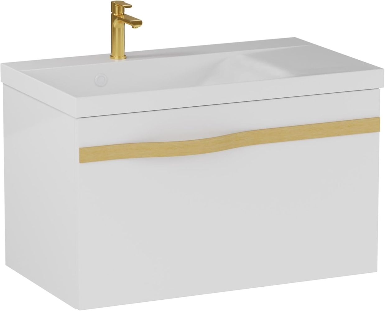 BADEDU FILS Waschbecken mit Unterschrank 69 cm breit, Weiß, Waschbecken Gussmarmor Weiß, Griff Gold Bild 1