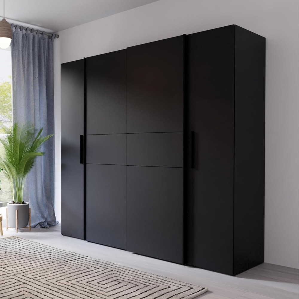 Forte KALIXTUS schwarzer Kleiderschrank 200, moderner Schwebetürenschrank, 4-türig, Holzwerkstoff, Schwarz Matt, 200,1 cm breit x 190,5 cm hoch, 61,2 cm tief Bild 1