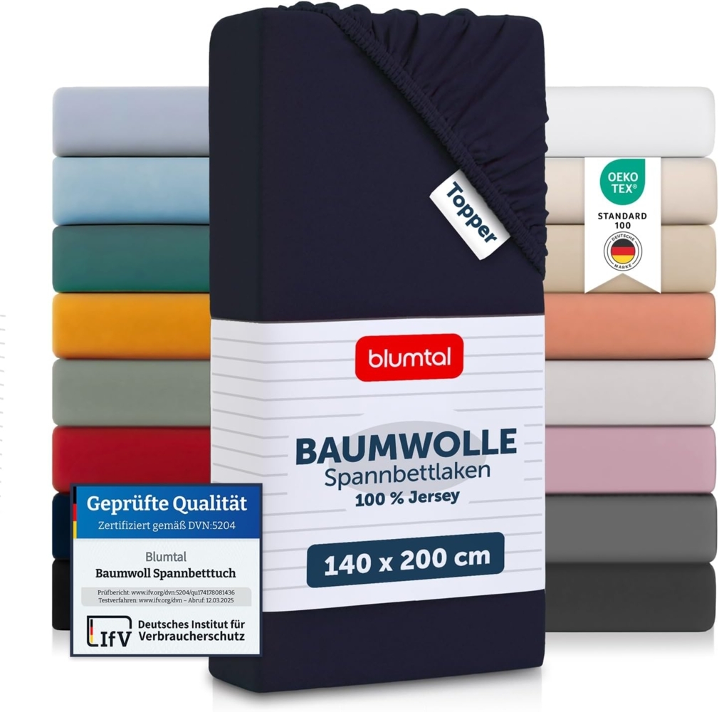 Blumtal® Basics Jersey (2er-Set) Spannbettlaken 140x200 cm -Oeko-TEX Zertifiziert, 100% Baumwolle Bettlaken, bis 7cm Topperhöhe, Dark Ocean Blue - Blau Bild 1