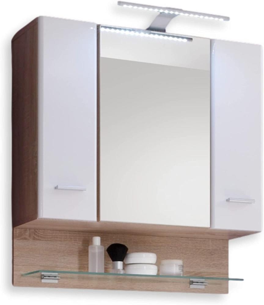 BAROLO Spiegelschrank Bad mit LED-Beleuchtung in Sonoma Eiche Optik, Weiß Hochglanz - Badezimmerspiegel Schrank mit viel Stauraum - 70 x 74 x 26 cm (B/H/T) Bild 1