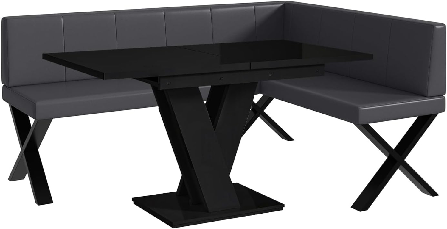 MEBLINI Eckbank für Esszimmer mit ausziehbarem Tisch - Küchenbank - Essecke - Sitzecke Küche - PETER - X-Beine 128x168x87cm Rechts - Grau Kunstleder/M Schwarz Hochgl. Bild 1