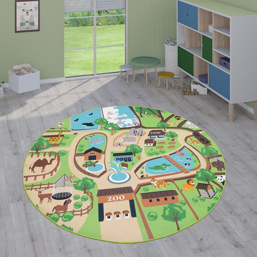 Paco Home Kinderteppich Teppich Kinderzimmer Spielteppich Junge Mädchen Modern rutschfest, Grösse:200 cm Rund, Farbe:Beige Bild 1