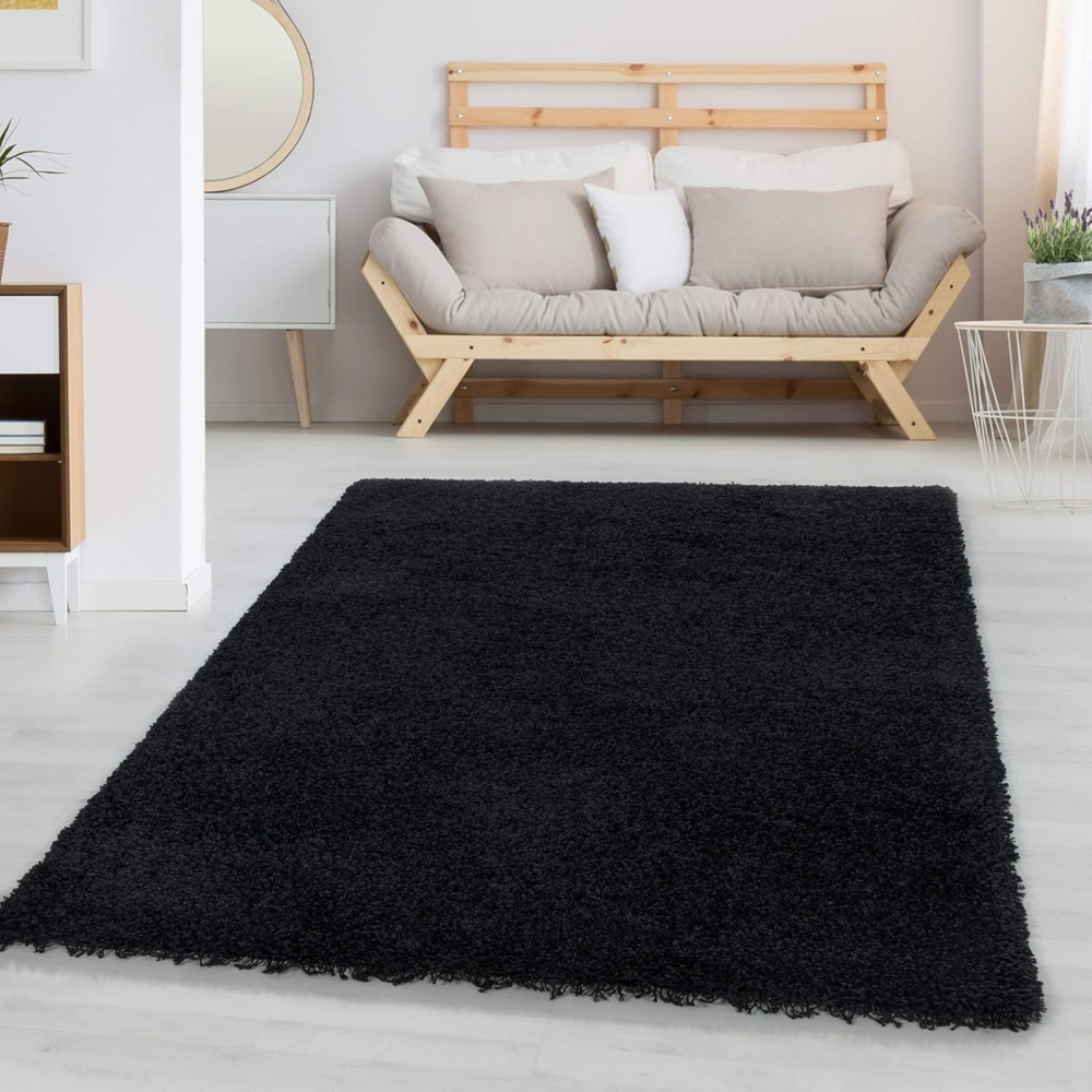Carpetsale24 Shaggy Hochflor Teppich Läufer Flur 80x150 cm Schwarz - Weicher, Flauschiger Teppich Wohnzimmer – Moderner, Rutschfester Badezimmerteppich & Küchenläufer, Bettvorleger Schlafzimmer Bild 1