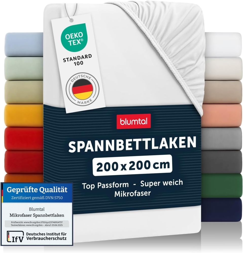 Blumtal® Spannbettlaken 200x200 cm aus Microfaser - Oekotex zertifiziertes Bettlaken 200x200 cm - Spannbetttuch 200x200 cm/Leintuch 200x200 cm - Bettbezug 200x200 cm - Bettbezug - Bettlaken - weiß Bild 1