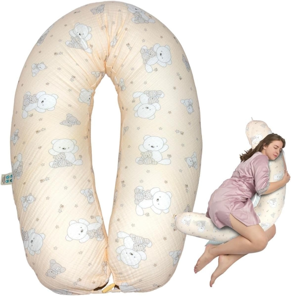 SEI Design Stillkissen Seitenschläferkissen XXL Babynest - Baby Erstausstattung Neugeborene, Schwangerschaftskissen mit Bezug, Musselin BIO Baumwolle Bild 1