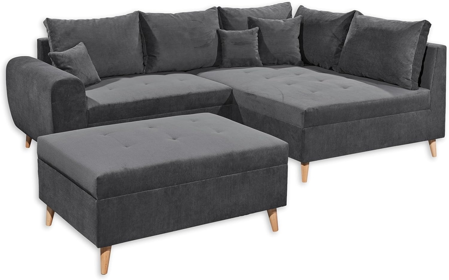 CALANDA Ecksofa mit Hocker, Stoffbezug Anthrazit - Moderne Eckcouch mit Kissen & Massivholz Füßen - 249 x 94 x 175 cm (B/H/T) Bild 1