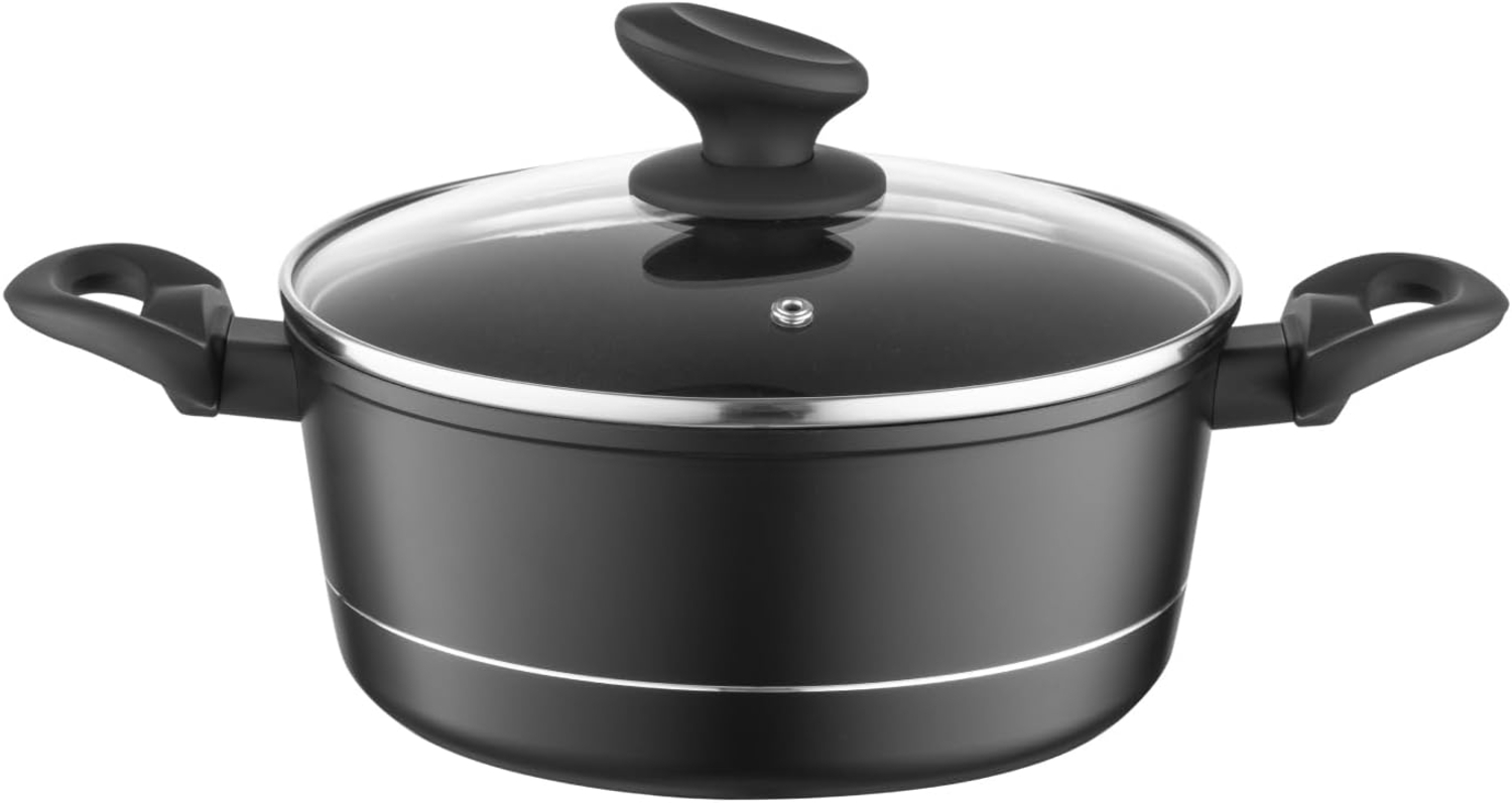 FLORINA Aluminium Topf (3 l) 22 cm I Kochtopf DELUX mit Glasdeckel I Messbecher & Antikratz-Beschichtung I Topf mit Induktionsboden I Geeignet für Induktionsherd, Gasherd und Elektroherd (Schwarz) Bild 1