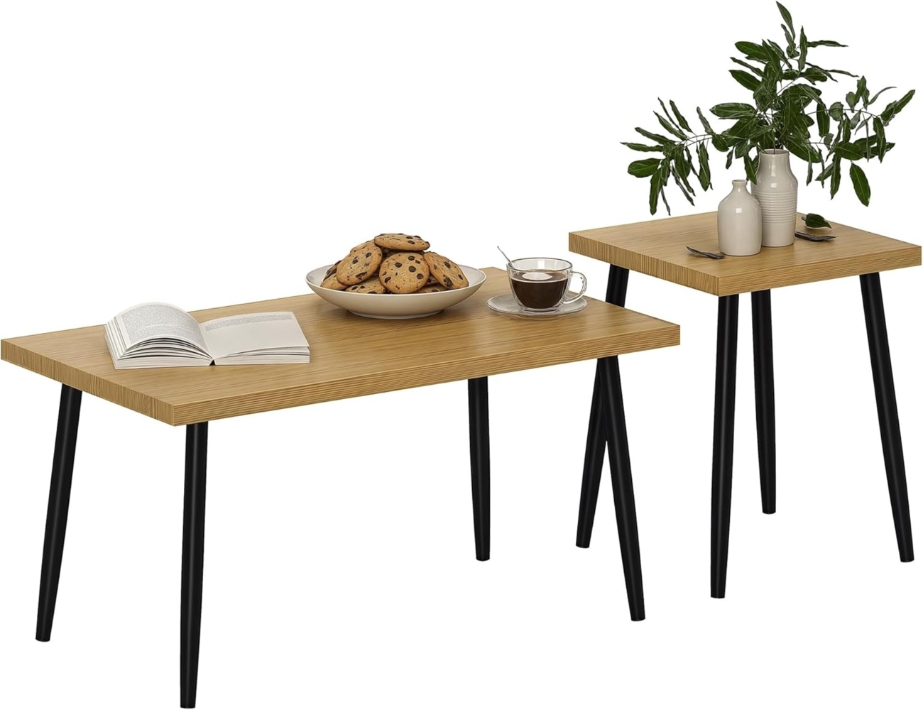 HOMCOM Couchtisch 2er Set Kaffeetisch mit Stahlrahmen (Sofatisch, 2-St, Beistelltisch), für Wohnzimmer Schlafzimmer Natur Bild 1