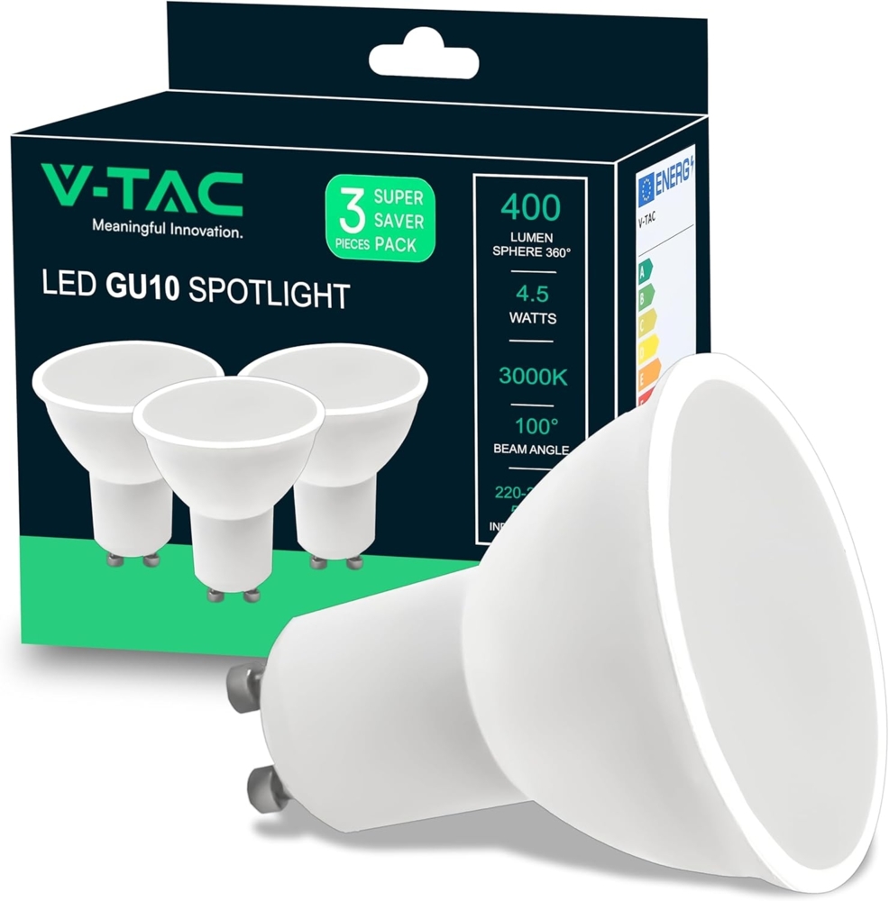 V-TAC 3x LED Glühbirne GU10-4,5W (entspricht 40W) - 400Lumen - Maximale Effizienz und Energieeinsparung - GU10 Spot LED Glühlampen - Licht 3000K Warmweiß - 3er Pack Bild 1