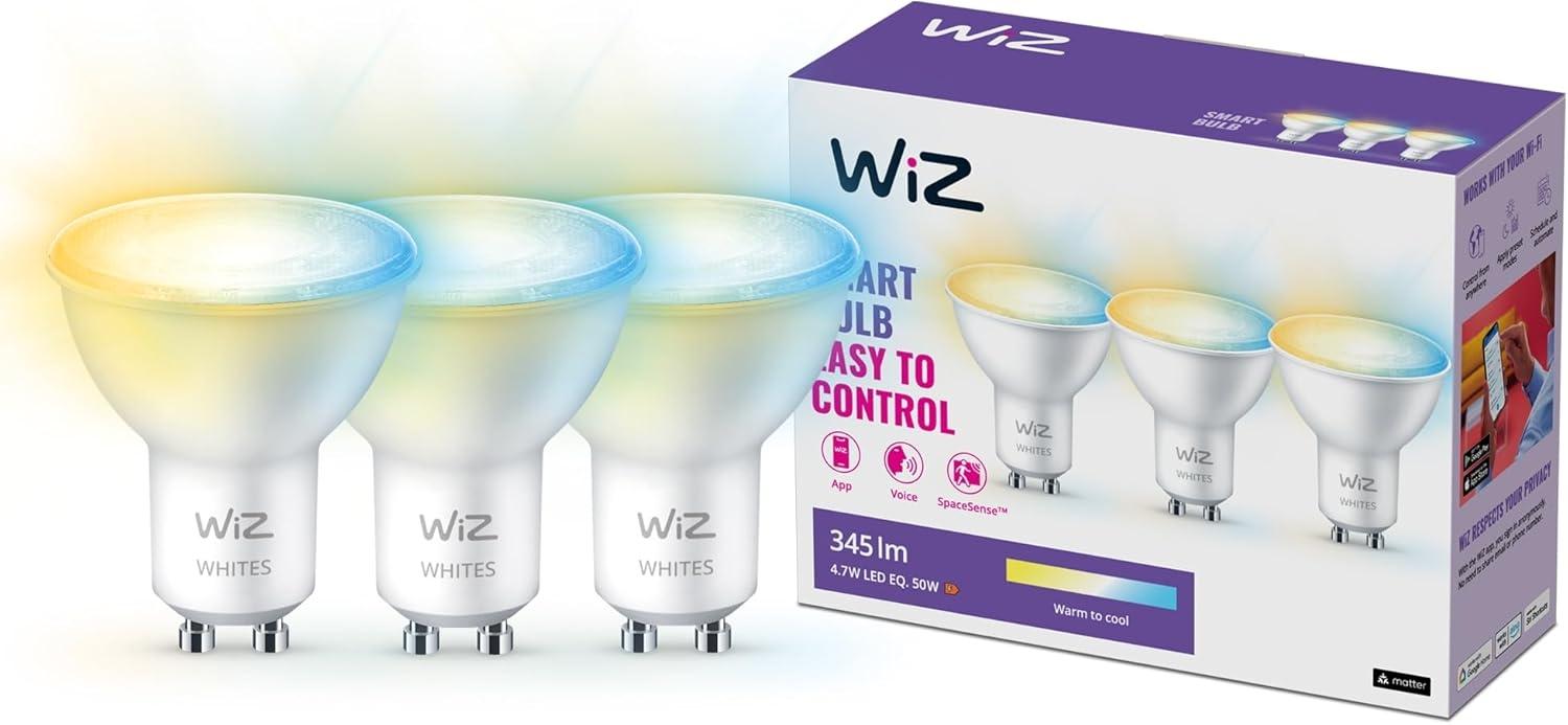 WiZ GU10 LED Lampe Tunable White, 50W, dimmbar, warm- bis kaltweiß, smarte Steuerung per Stimme/Stimme über WLAN, Dreierpack Bild 1