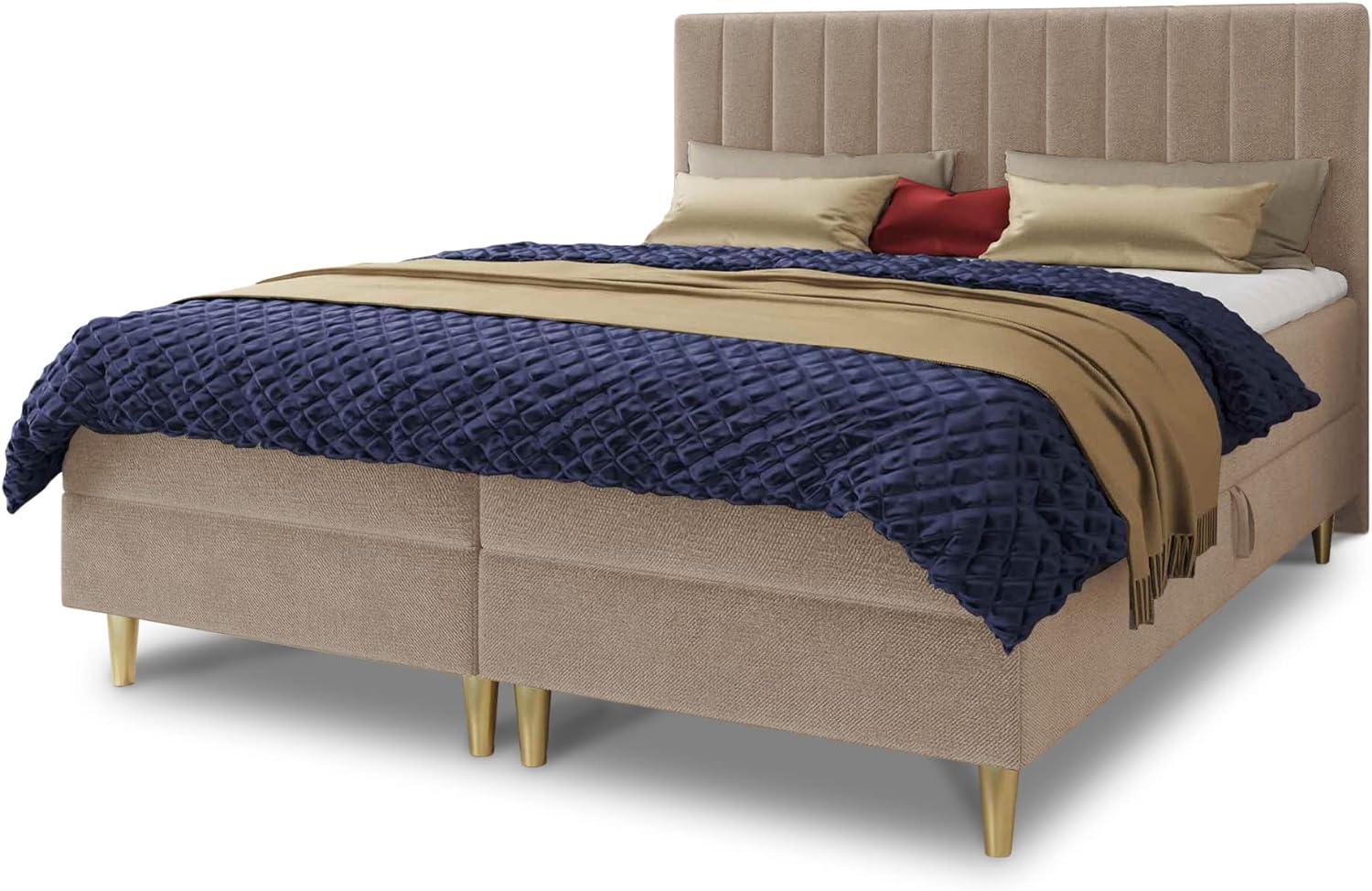 Boxspringbett Gold mit 2 Bettkästen und Topper - Doppelbett, Bonell-Matratze, Polsterbett, Bett mit Matratzentopper, Schlafzimmer, Velours Stoff (Beige (Manila 02), 140 x 200 cm) Bild 1