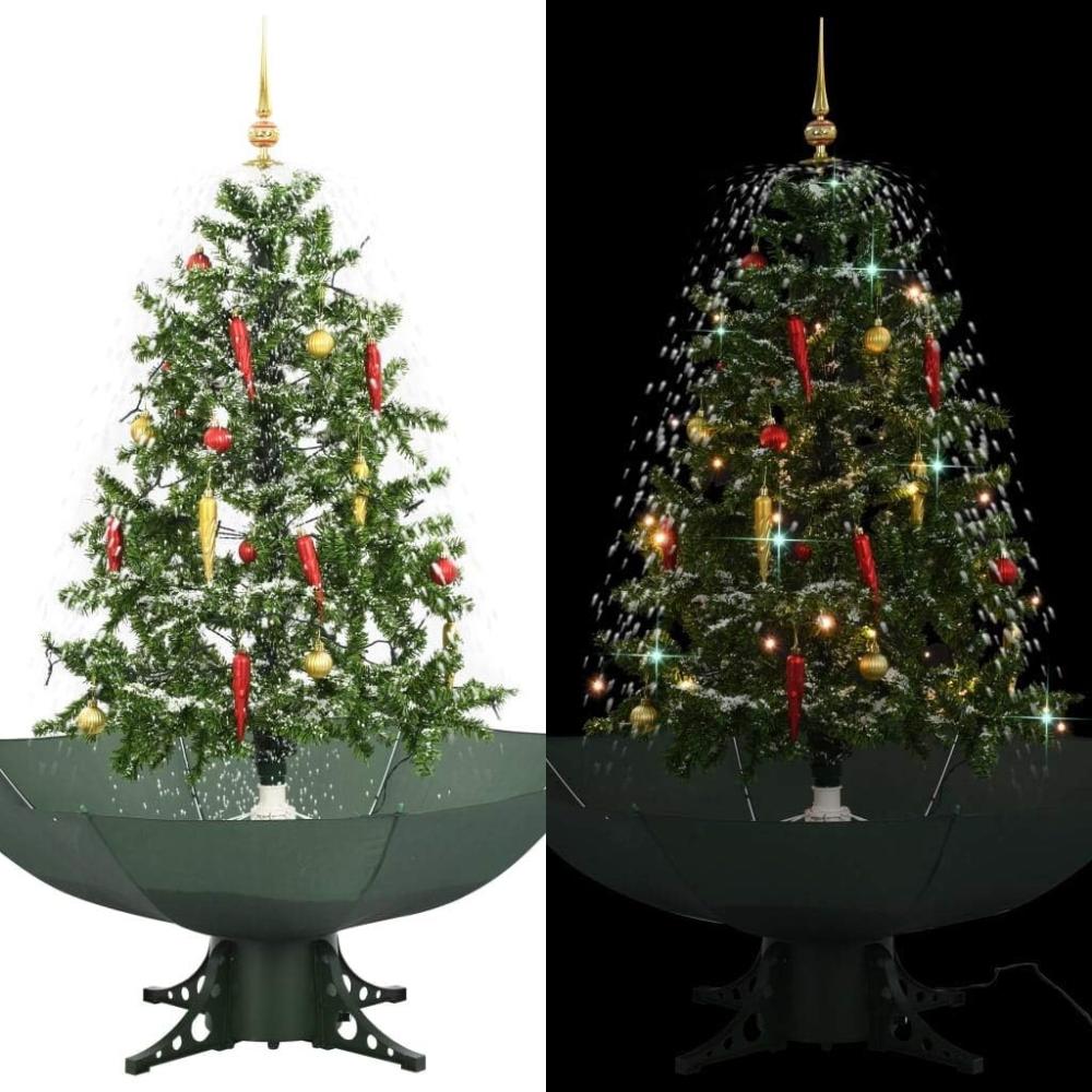 vidaXL 'Schneiender' Weihnachtsbaum mit Schirmfuß, Schneefall, Kugeln & LED-Lampen , Grün, 140 cm Bild 1