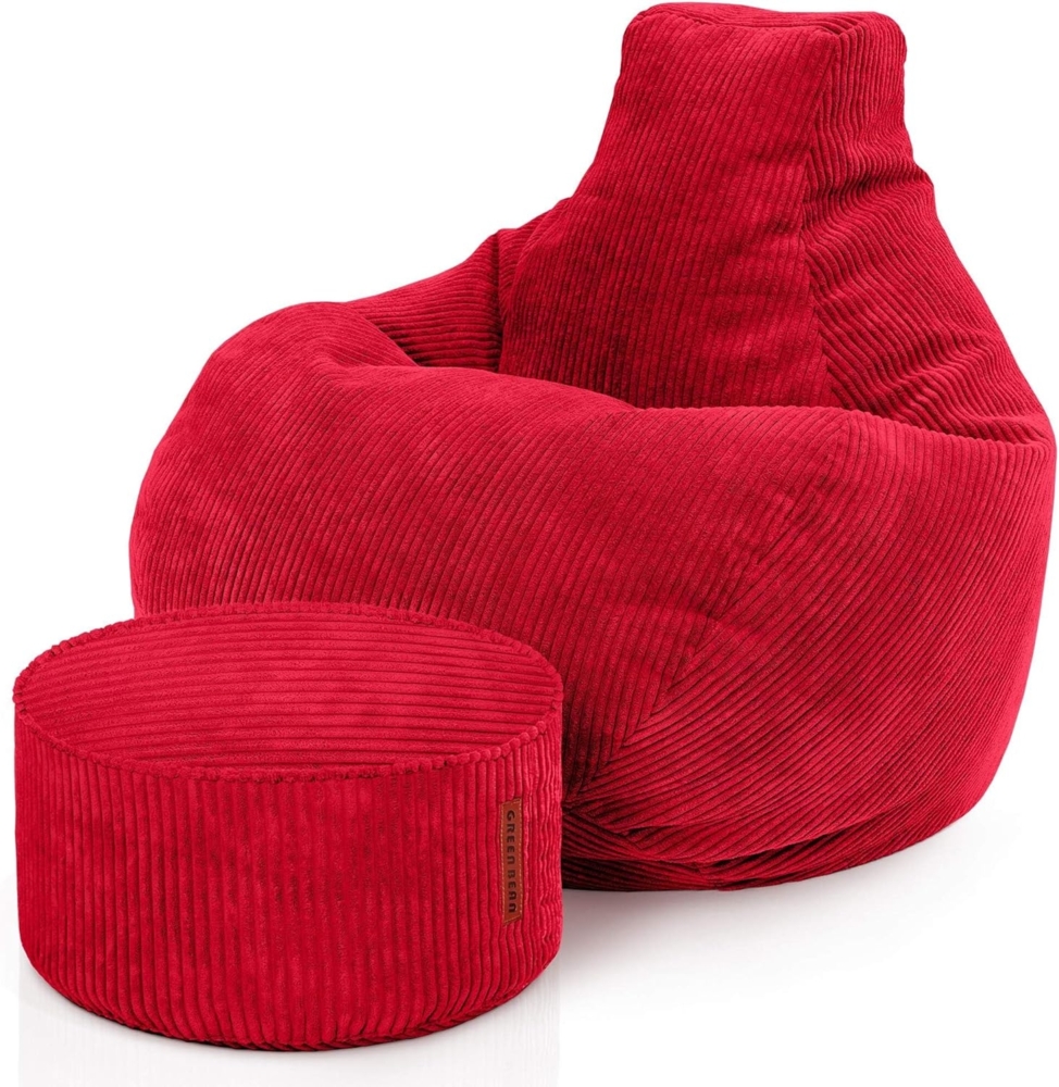 Green Bean® Sitzsack mit Hocker aus Cord - Sitzsäcke für das Wohnzimmer, Schlafzimmer, Sitzsack-Sessel für Erwachsene Rot Bild 1