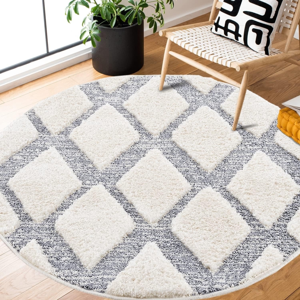 Teppich Rund - Skandinavisch Hochflor- 200x200cm - Boho - Pastell Cream Grau - Modern Raute Muster - Flauschig Weich - Wohnteppich Schlafzimmer Dekoration Bild 1