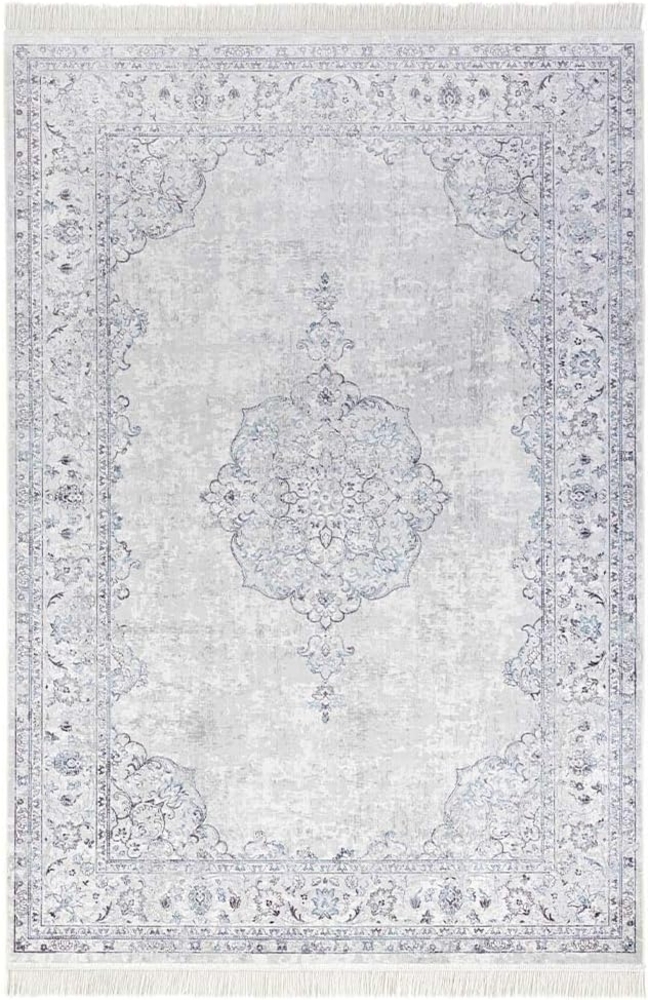 Orientalischer Samt-Teppich Fransen Oriental Vintage Medallion Pastell-Blau - 95x140x0,5cm Bild 1