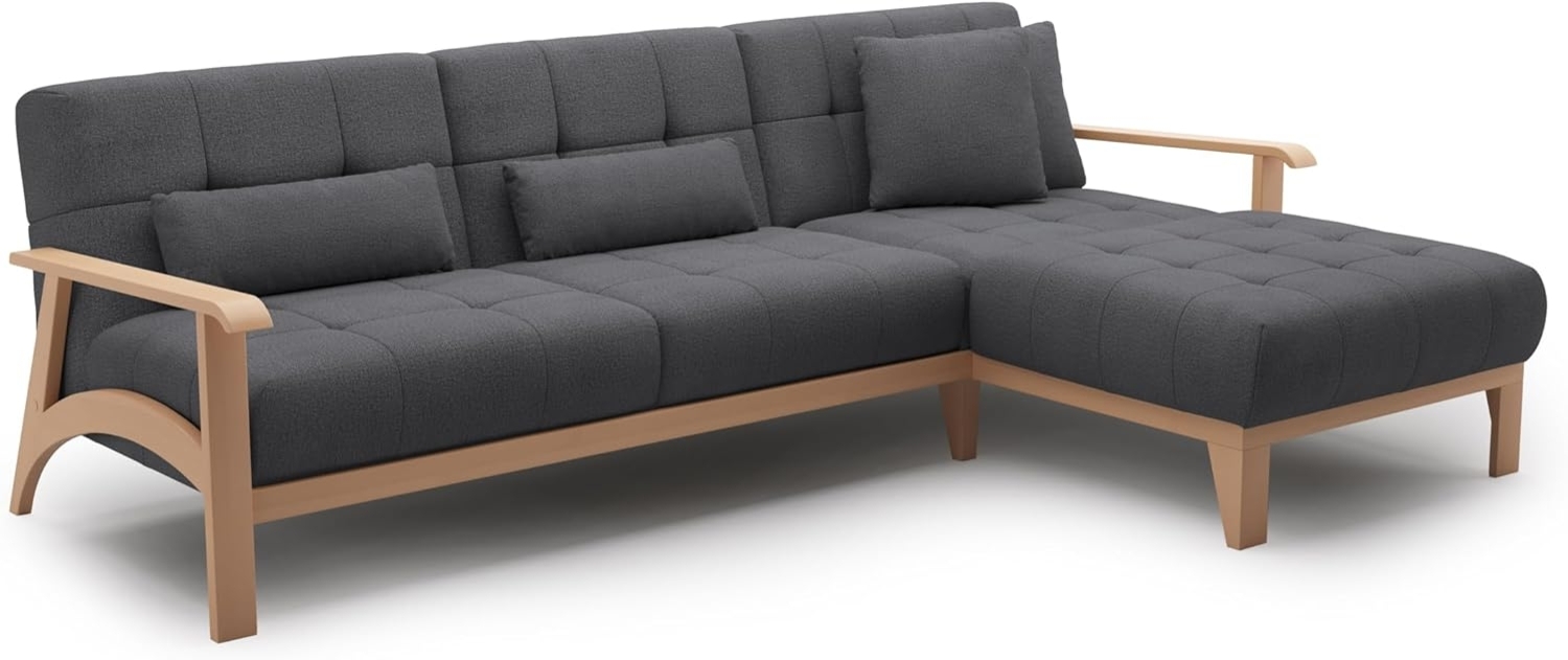 Cavadore Ecksofa Billan / Schlafsofa im skandinavischen Design mit Longchair, Bett und massivem Holzgestell in Buche / 264 x 88 x 183 / Mehrfarbiger Strukturstoff, Dunkelgrau Bild 1