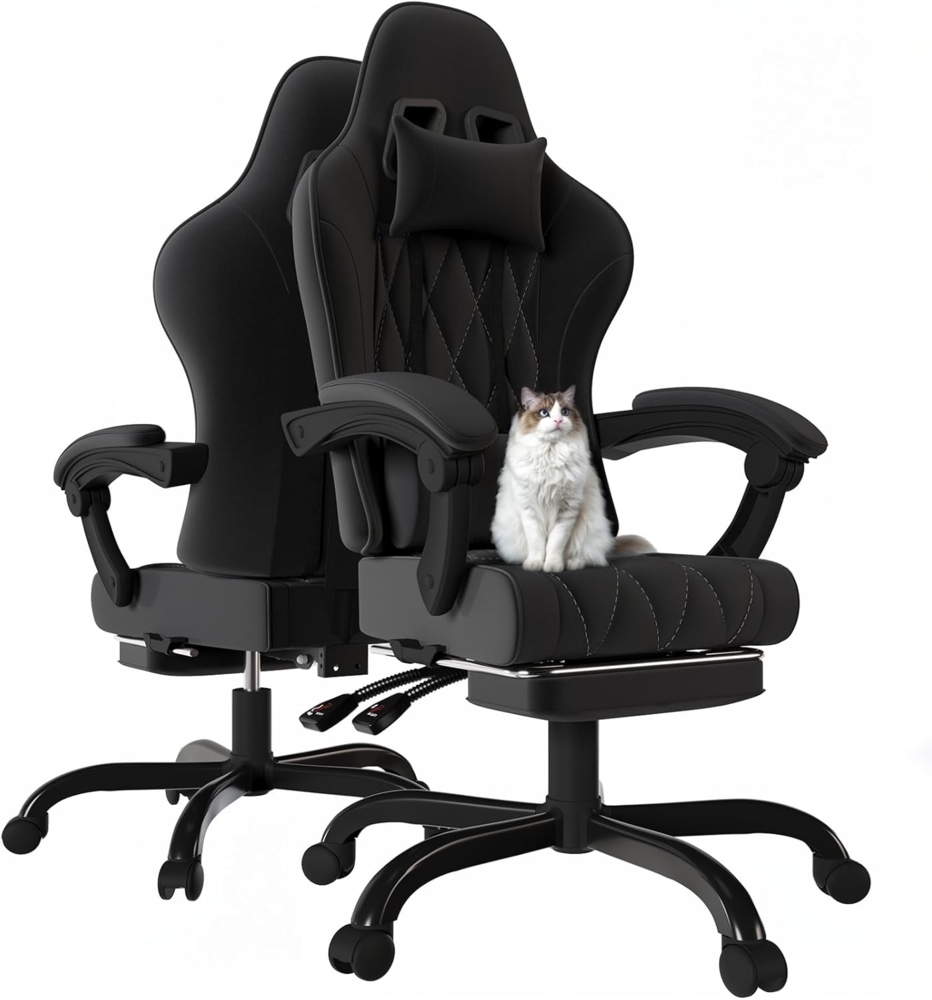 JUMMICO Gaming Stuhl Stoff mit Federpolsterung, Ergonomischer Bürostuhl mit Massager. Gaming Chair mit Kopfstütze, Fußstütze, Höhenverstellbar. Gamer Stuhl 150 kg belastbarkeit, Schwarz Bild 1