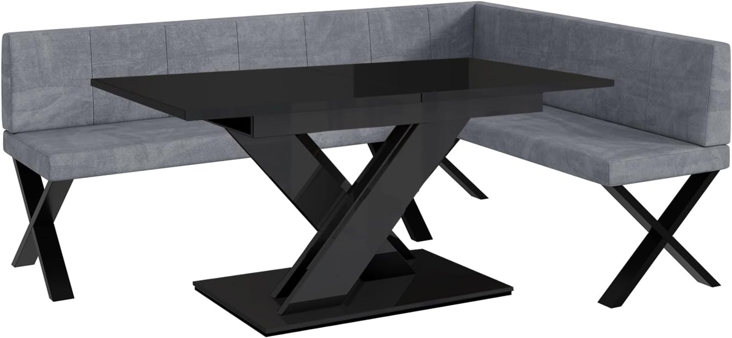 MEBLINI Eckbank für Esszimmer mit ausziehbarem Tisch - Küchenbank - Essecke - Sitzecke Küche - PETER - X-Beine 142x196x87cm Rechts - Grau Samt/B Schwarz Hochgl. Bild 1