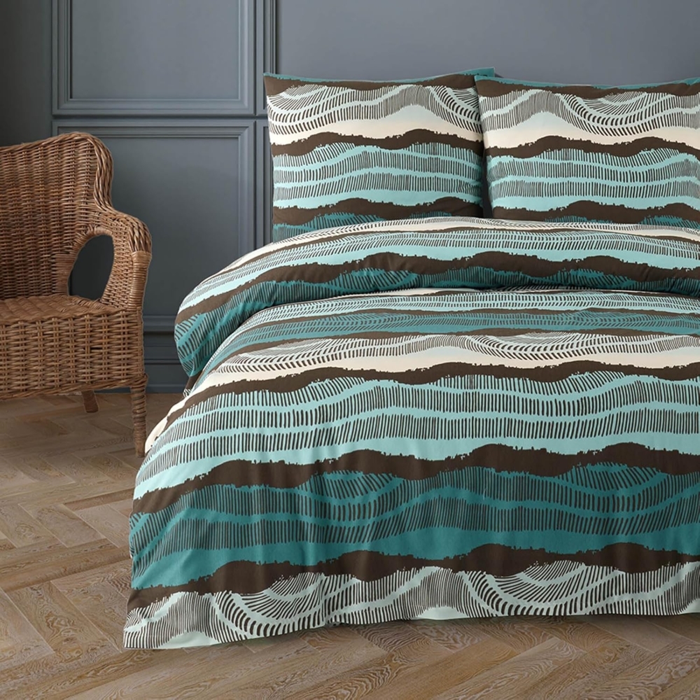 Buymax Bettwäsche Bettbezug-Set, Baumwollmischung: 80% Baumwolle, 20% Polyester, 3 teilig, 200x200 cm mit Reißverschluss, Türkis-Schwarz, Streifen, gestreift Bild 1