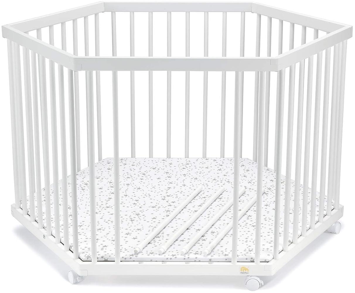 FabiMax 4138 Laufgitter 6-eckig, Weiß, Buche massiv, höhenverstellbar, Schlupfsprossen, Parkettrollen Bild 1