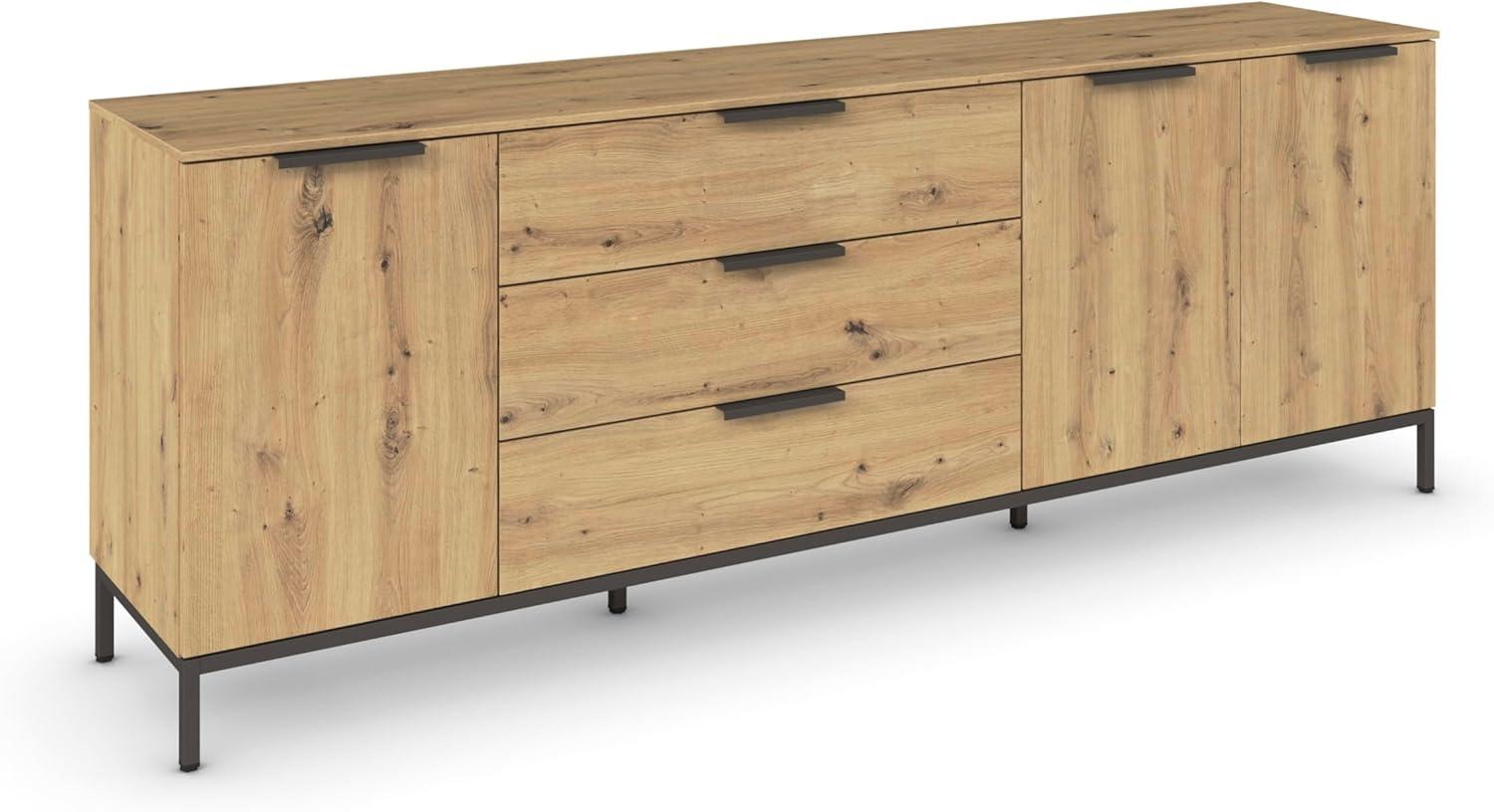 Rauch Möbel Flipp, Sideboard, TV-Schrank, Kommode mit Stauraum, mit Metallkufe graphit, Eiche Artisan, 3-türig, Glastüren, 3 Schubkästen, Griffe graphit, 199x72x42cm Bild 1