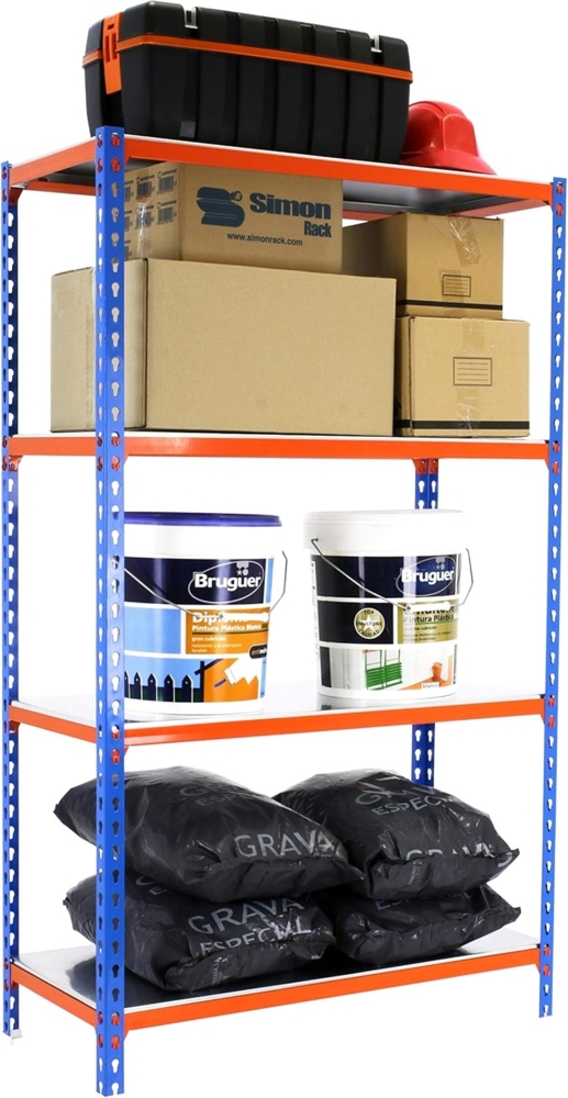 Simon Rack Schwerlastregal, 1500 x 1200 x 500 mm, Bis 200 kg Belastbar, 4 Verstellbare Ablagen, Kellerregal, Lagerregal, Blau/Orange/Verzinkt - Simonclick Bild 1