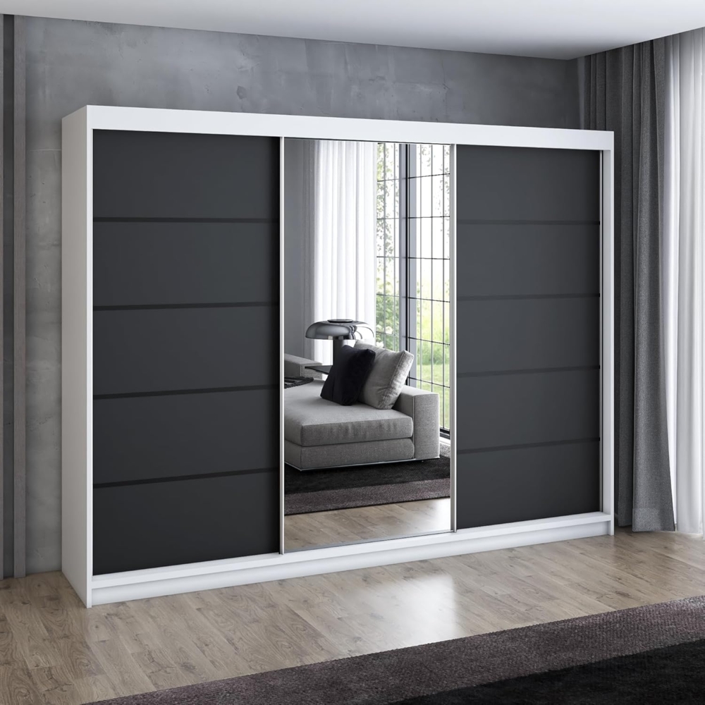 A&J MöbelLand GmbH Schwebetürenschrank VILANO mit 4 Schubladen und Spiegel (Kostenlose Lieferung – nur für kurze Zeit! TOP ANGEBOT! Geräumiger Schrank mit einer Breite von 200 cm und Spiegel, ideal zur Aufbewahrung von Kleidung und Accessoires. 4 Schub... Bild 1