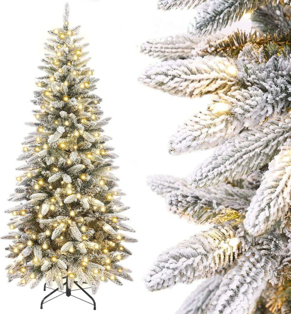 Yorbay Künstlicher Weihnachtsbaum Künstlicher Slim Tannenbaum aus PE und PVC, mit LED Beleuchtung, 180 / 210 cm auswählbar, mit Ständer, Schneeflocken, Schlankes Design, Weihnachtsbaum Christbaum für Weihnachten-Dekoration Bild 1