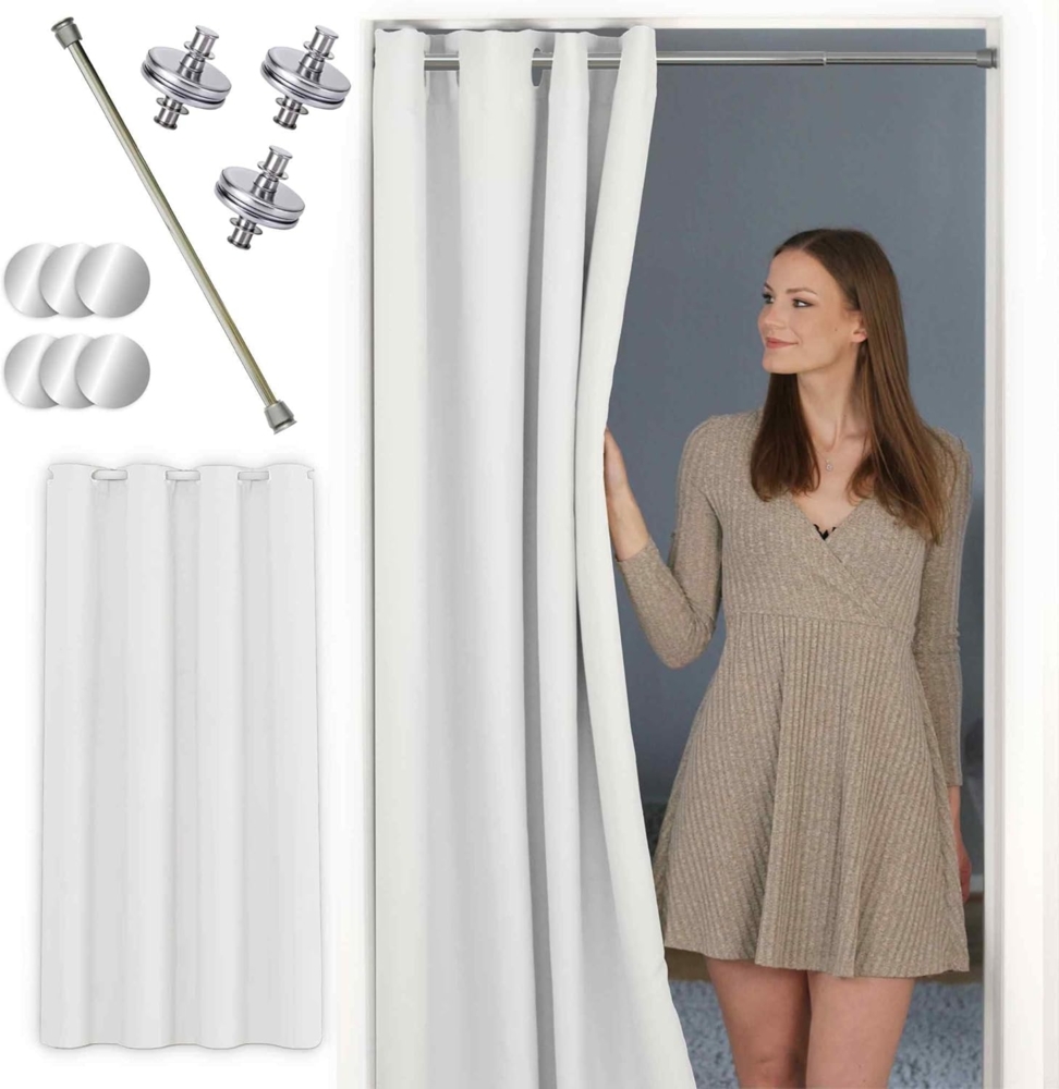 tinycurtains Türvorhang mit Stange silber 70-120 cm Thermo Vorhang ohne Bohren, blickdicht, Ösen, abdunkelnd, Polyester, weiß Purity, Türgardine mit Klemmstange Raumtrenner verdunkelnd Bild 1