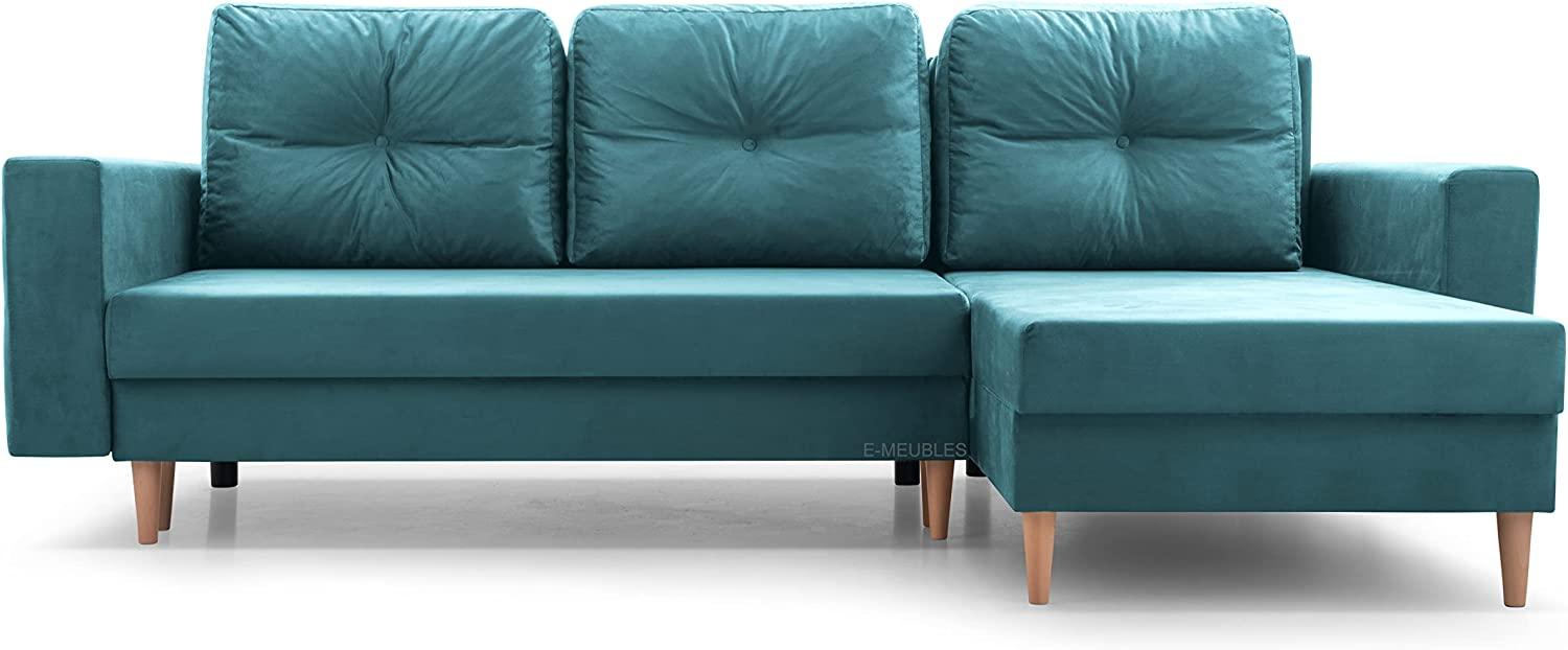 mb-moebel Ecksofa mit Schlaffunktion und Bettkasten Ottomane Links als auch rechts montierbar Couch für Wohnzimmer Sofa Eckcouch L-Form Wohnlandschaft 232x137x84 cm Carl Blau Türkis Bild 1