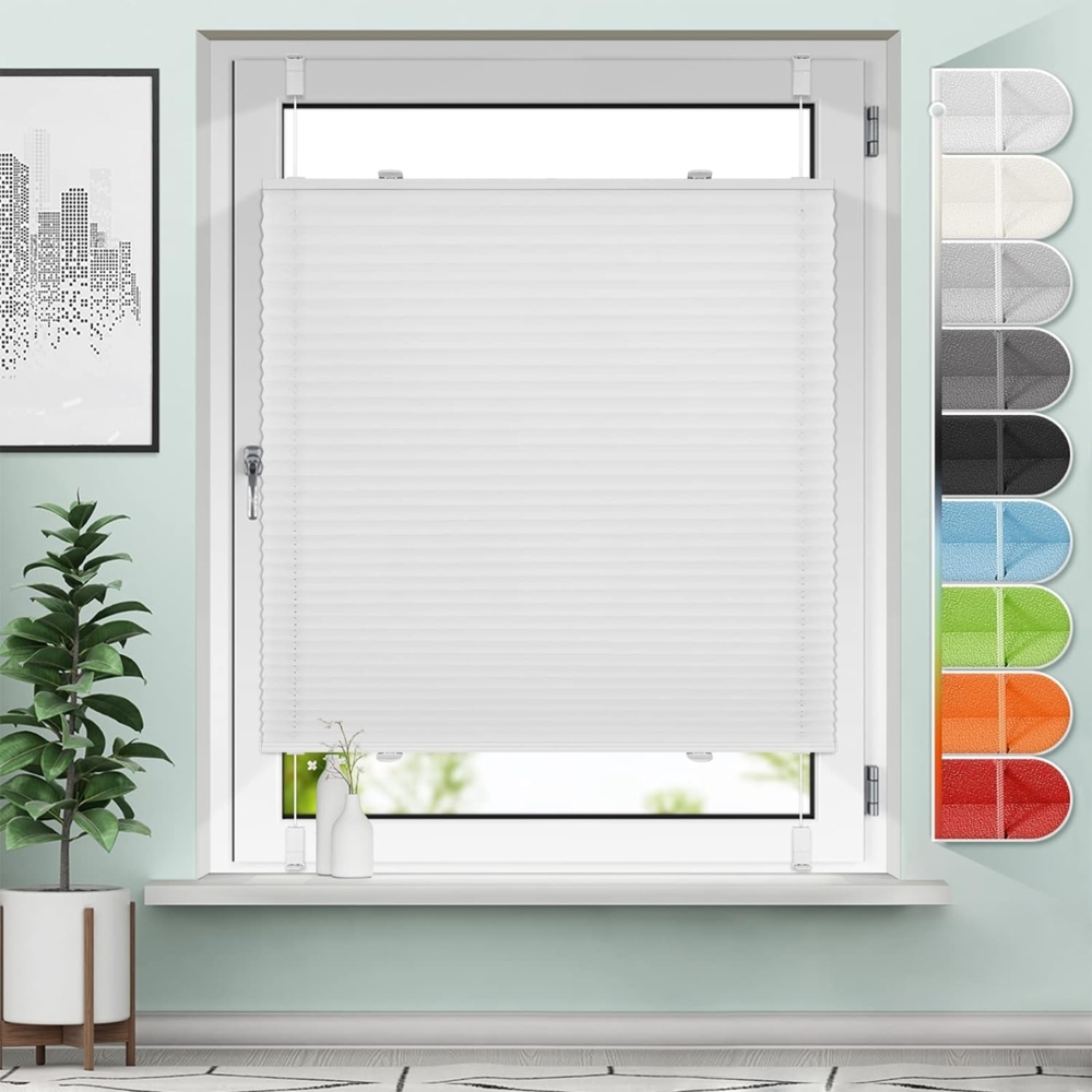 Sanfree Plissee Klemmfix Plisseerollo ohne Bohren Weiß B55 x H200cm inkl. Klemmträger Blickdicht und lichtdurchlässig Jalousie Faltrollo Sichtschutz und Sonnenschutz Rollo für Fenster & Tür Bild 1