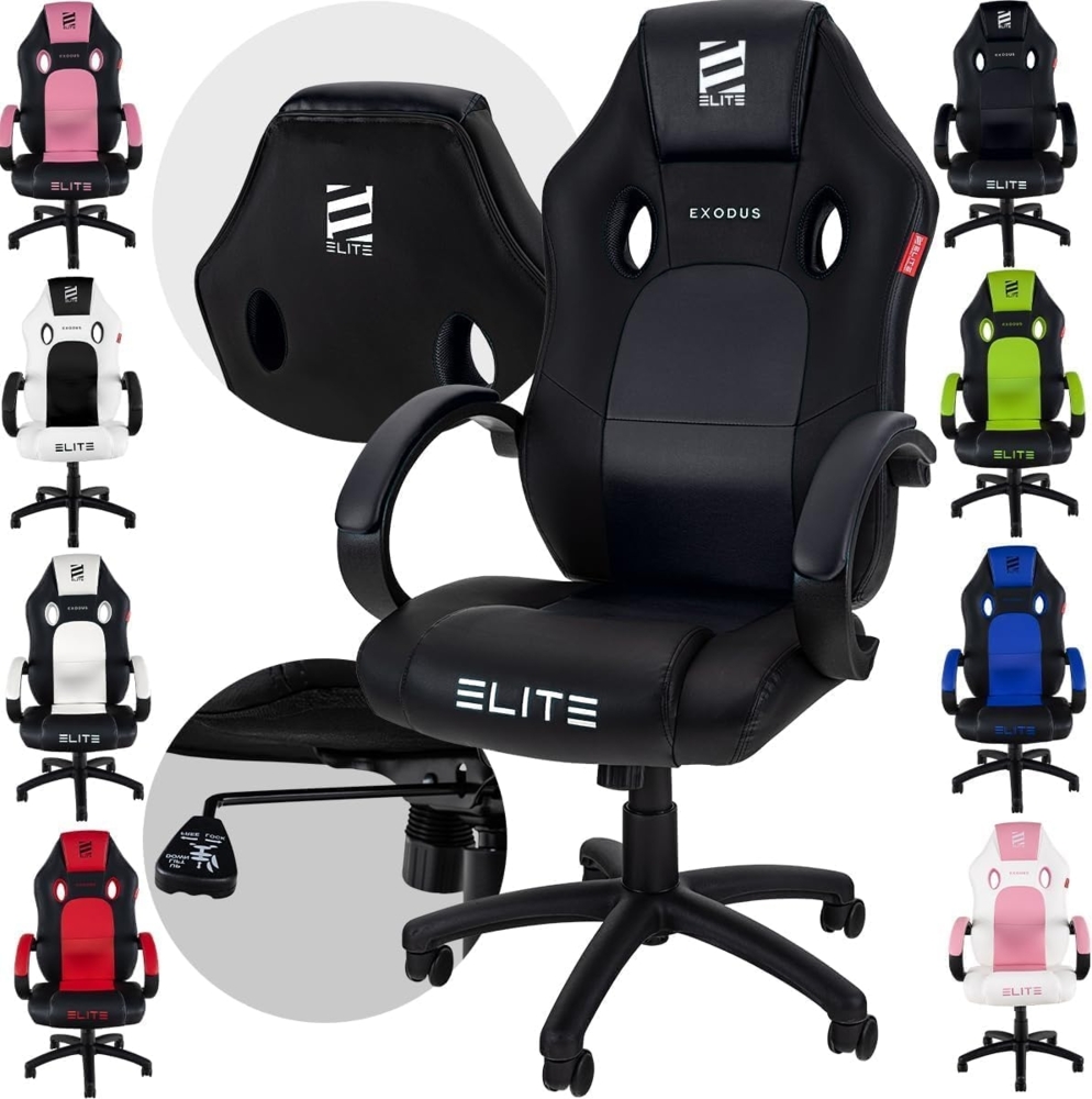 ELITE Gaming Stuhl MG100 EXODUS - Ergonomischer Bürostuhl - Schreibtischstuhl - Chefsessel - Sessel - Racing Gaming-Stuhl - Gamingstuhl - Drehstuhl - Chair - Kunstleder Sportsitz (Schwarz) Bild 1