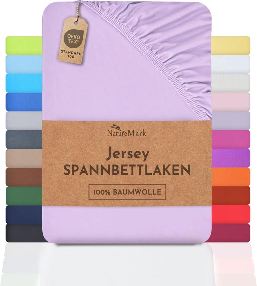 NatureMark Jersey Spannbettlaken, Spannbetttuch 100% Baumwolle in vielen Größen und Farben MARKENQUALITÄT ÖKOTEX Standard 100 | 200x220 cm +40 Steg - Flieder/Lavendel Bild 1