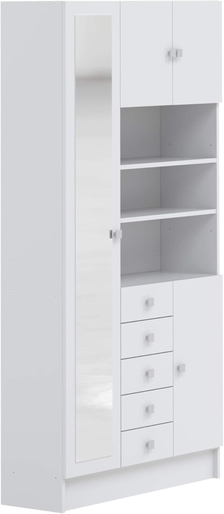 TemaHome Hochschrank Combi Badezimmerschrank mit Schubladen, Türen, drei offenen Fächern, mit Spiegel, 90 cm breit, Weiss Bild 1