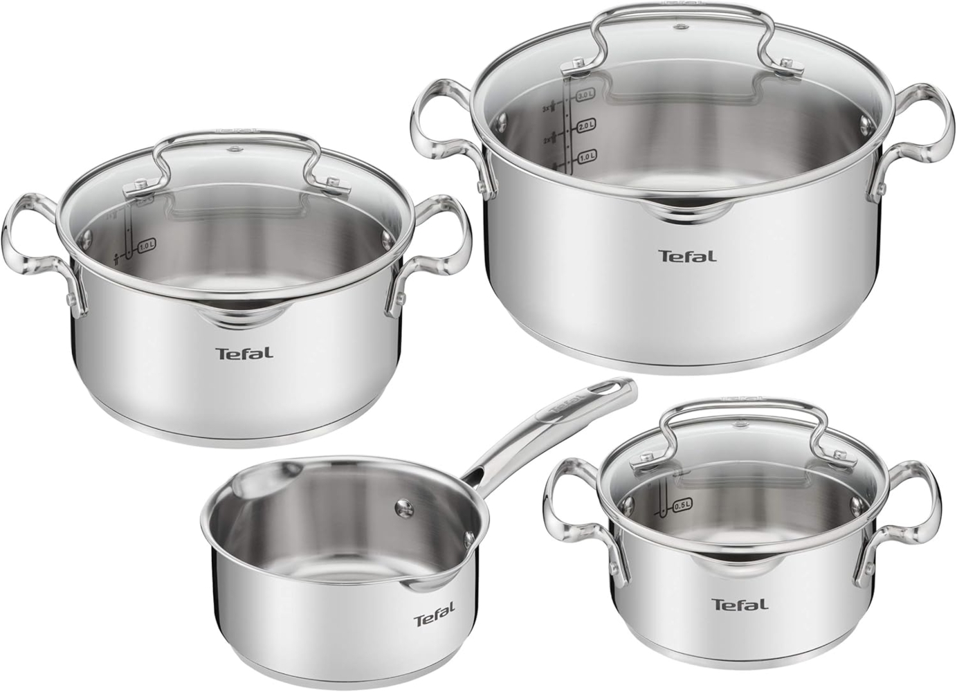 Tefal Topf-Set Duetto+ G719S7, Edelstahl 18/10 (Set, 7-tlg, Kochtopf mit Glasdeckel 16/20/24 cm, Stielkasserolle 16 cm), hochwertiger Edelstahl, hochglanzpoliert, Glasdeckel mit Siebfunktion Bild 1