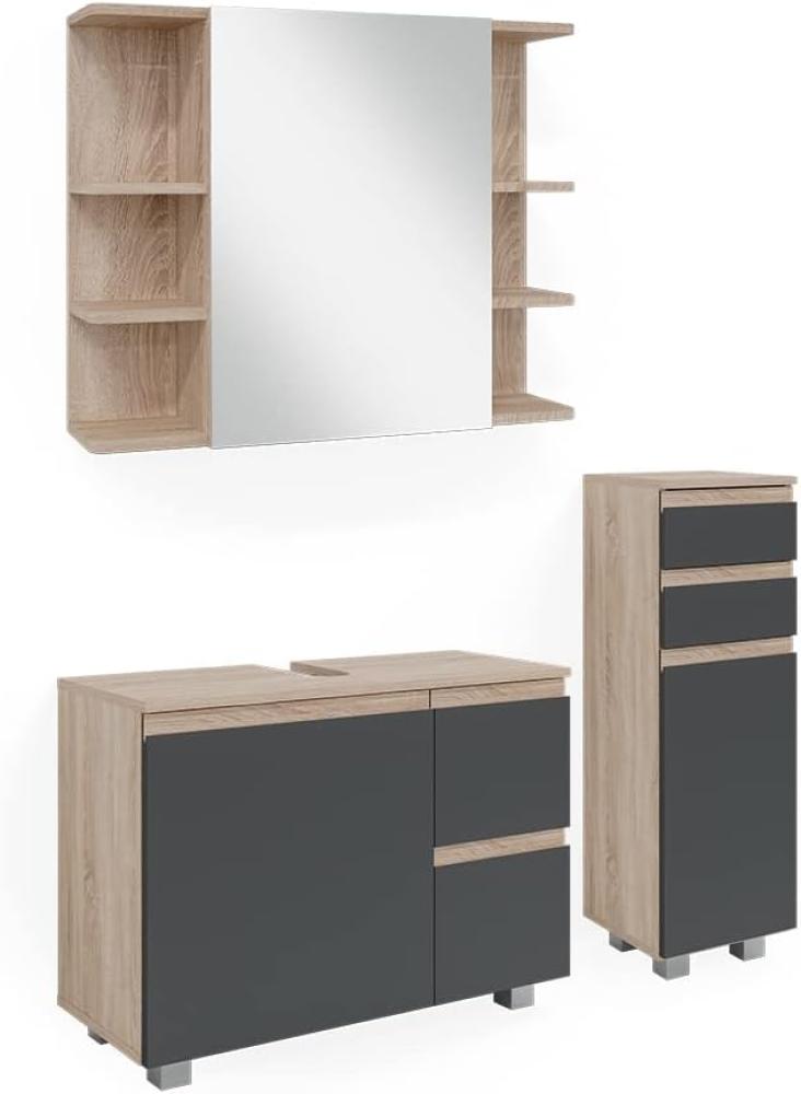 Vicco Badmöbelset J-shape Sonoma Anthrazit modern Badezimmer Schrank Badschrank Waschtischunterschrank Spiegelschrank Midischrank Schranktür Schrankschublade Schrankfach Ablage Aufbewahrung Bild 1