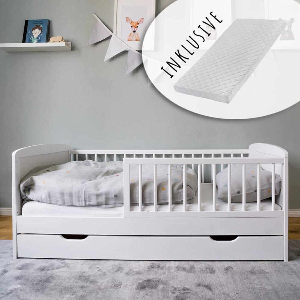 Kinderbett 140x70 mit Matratze, Lattenrost, Schublade und Raufallschutz Vollholz in weiß - 70 x 140 perfekte Größe nach Gitterbett Babybett Bild 1