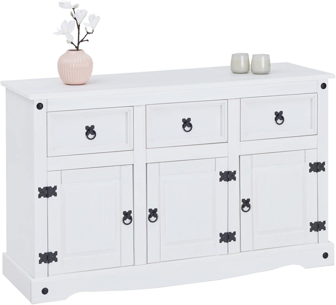 CARO-Möbel Sideboard Rural im Mexiko Stil weiß lasiert Kommode Kiefer massiv mit 3 Schubladen und 3 Türen Bild 1