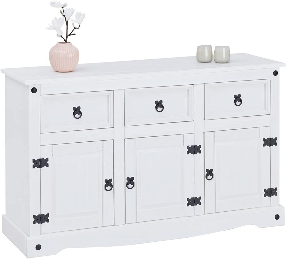 CARO-Möbel Sideboard Rural im Mexiko Stil weiß lasiert Kommode Kiefer massiv mit 3 Schubladen und 3 Türen Bild 1