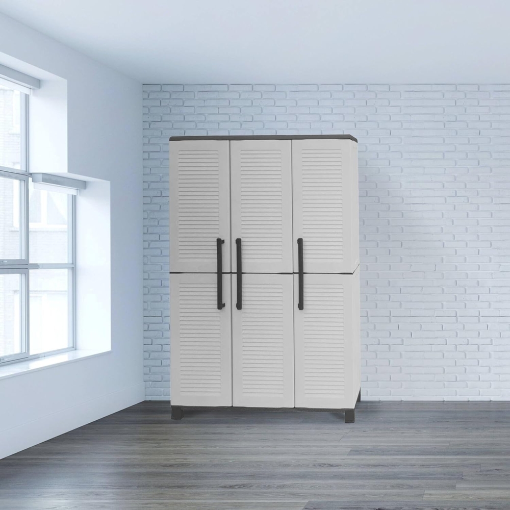 Dmora - Nandrin-Außengarderobe, Besenhalterschrank, 3-türiger Außenschrank, 100% Made in Italy, 102 x 37 x 169 cm, Hellgrau und Schwarz, gestreifte Oberfläche Bild 1