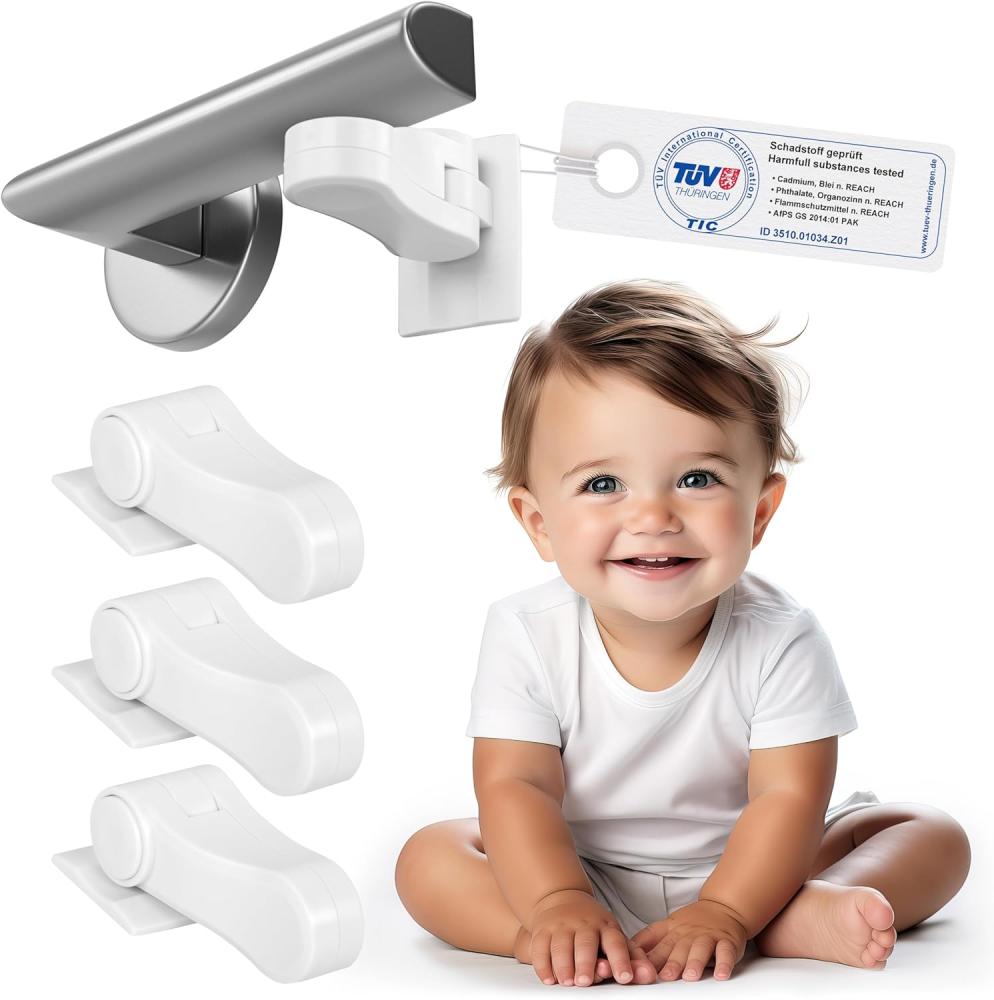 Sweet Safety® Baby Türklinkensicherung – Bombenfest – TÜV Schadstoff geprüft – Türdrückerschloss Kindersicherung für Türklinken und Türgriff – 4 Stück Bild 1