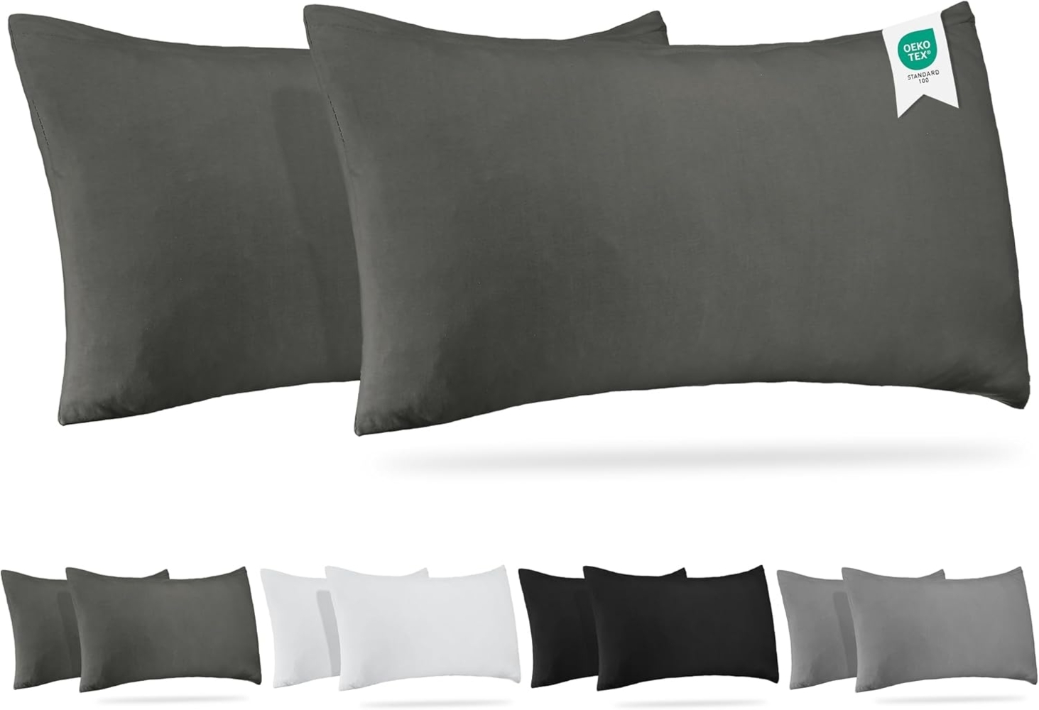 Barbons Kissenbezug 40x70 Anthrazit 2er Set – 165 g/m² Oeko-TEX Zertifiziert Kopfkissenbezug 100% Jersey Baumwolle weiche Kissenbezüge Kissenhülle mit Reißverschluss (40x70-Anthrazit) Bild 1