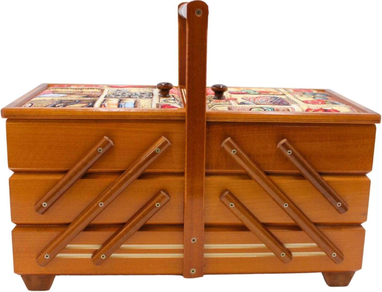 Dekohelden24 Nähkorb Hochwertiger Nähkasten, Nähkästchen aus Furnierholz mit 7 Fächern (1 St), und Stoffbezug Nadelmotiv in Mahagoni, L/B/H 42 x 20 x 21 cm. Bild 1