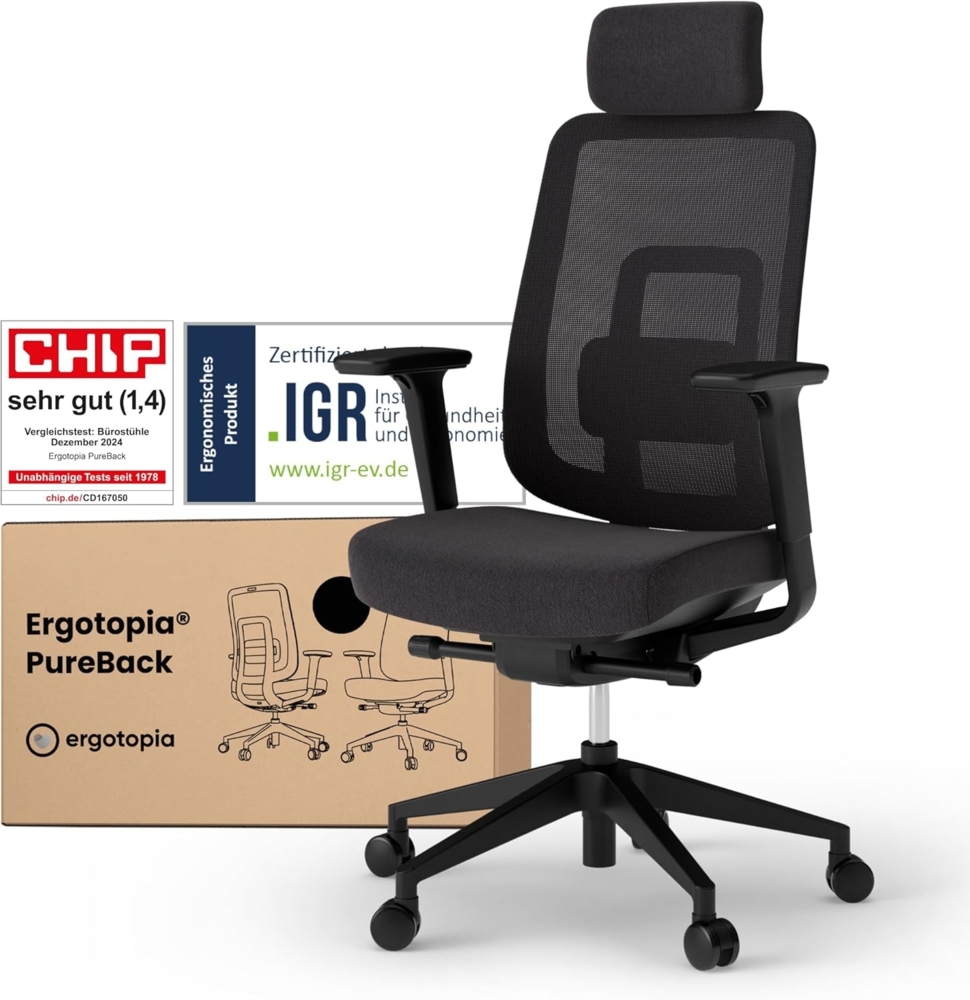 Ergotopia 'PureBack' ergonomischer Bürostuhl mit Lordosenstütze & 4D-Armlehne, Schwarz, mit Kopfstütze Bild 1