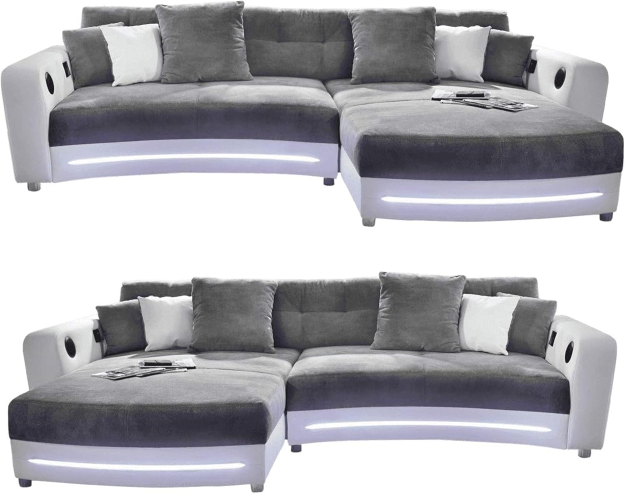MULTIMEDIA-ECKSOFA Soundsystem RGB-LED Beleuchtung Bluetooth USB AUX-in, seitenverkehrt montierbar B322/T190/H88cm, Kunstleder Weiß-Mikrof. Grau Bild 1