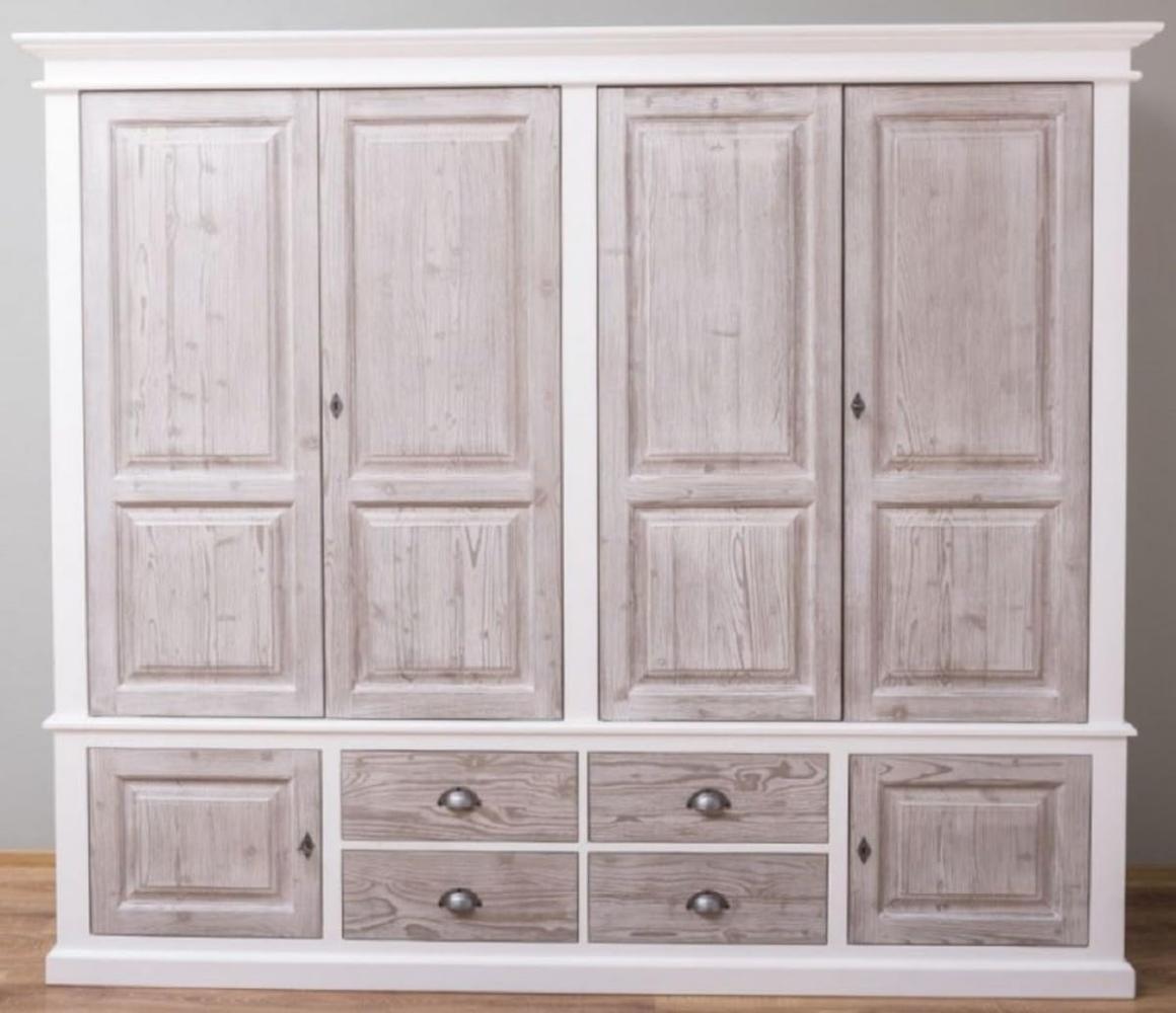 Casa Padrino Landhausstil Schlafzimmerschrank Weiß / Naturfarben 232 x 59 x H. 197 cm - Massivholz Kleiderschrank mit 6 Türen und 4 Schubladen - Massivholz Schlafzimmer Möbel im Landhausstil Bild 1