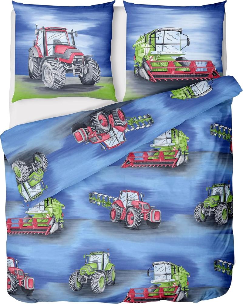 LINKHOFF Kinderbettwäsche Traktor Bettwäsche 135x200 für Jungen 2tlg. – Traktoren & Mähdrescher, Biber Bettwäsche-Set, Trecker Kinderbettwäsche, 100% Baumwolle Bild 1