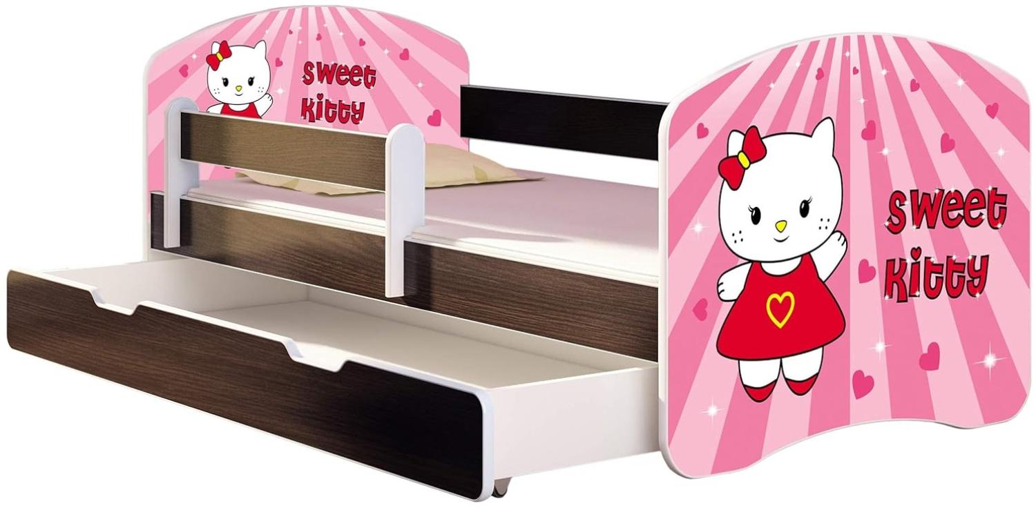 ACMA Kinderbett Jugendbett mit Einer Schublade und Matratze Wenge mit Rausfallschutz Lattenrost II 140x70 160x80 180x80 (15 Sweet Kitty, 180x80 + Bettkasten) Bild 1