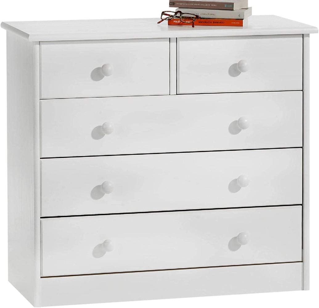 IDIMEX Kommode, schöne Anrichte mit 5 Schubladen, praktisches Sideboard aus massiver Kiefer in weiß, Zeitlose Schubladenkommode mit Holzgriffe Bild 1